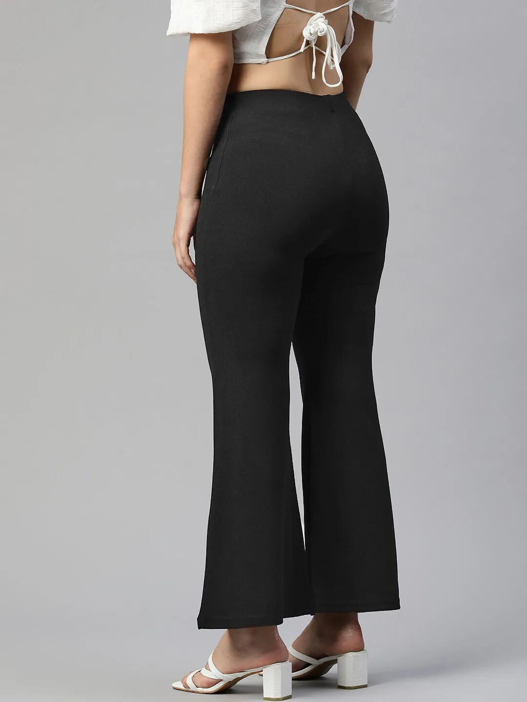 plusS Women Black Flared High-Rise Trousers