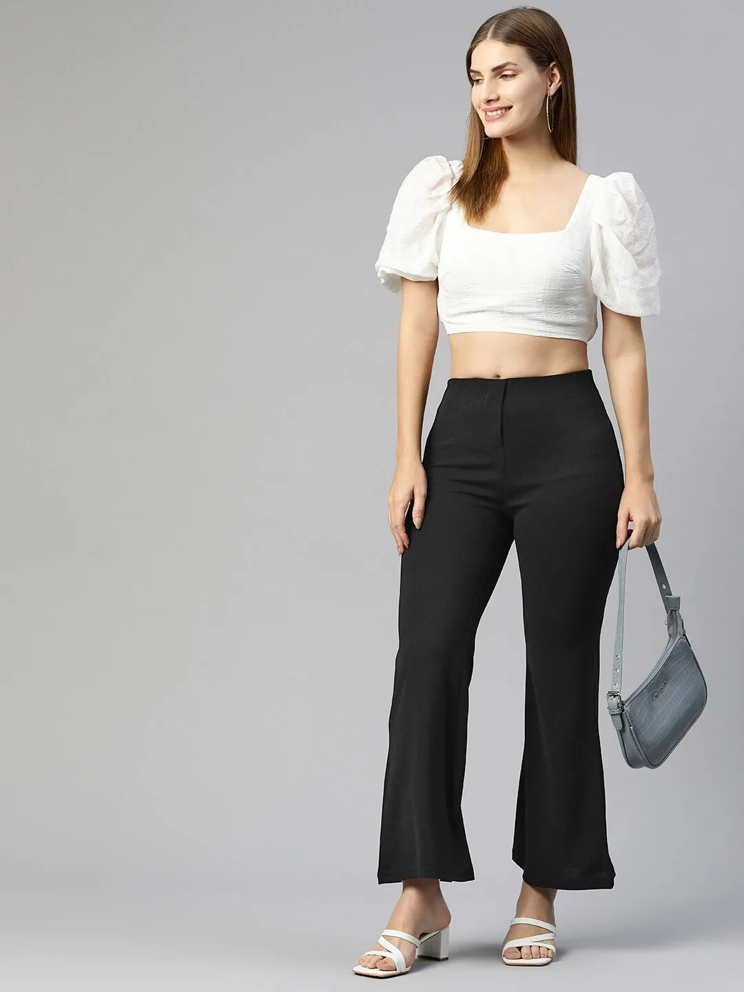 plusS Women Black Flared High-Rise Trousers