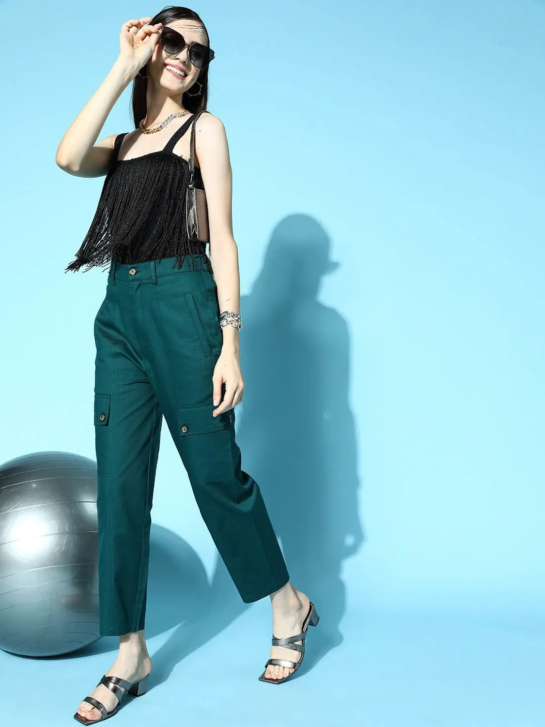 plusS Women Tranquil Teal Solid Y2K Cargo Trousers