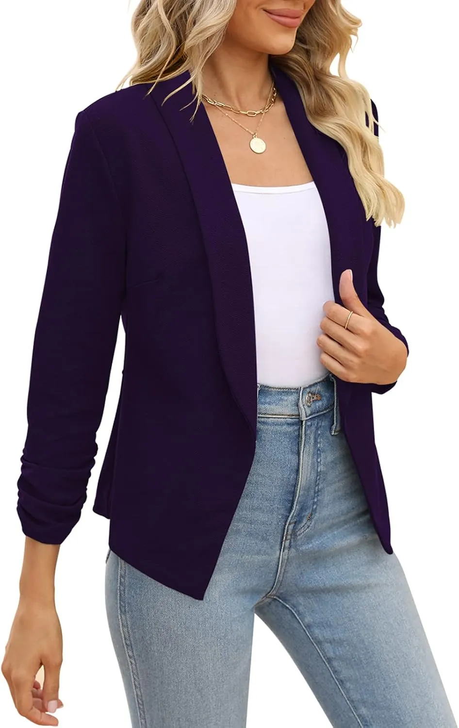 POGTMM Women 3/4 Sleeve Blazer Open Front Cardigan Jacket Work Office Blazer