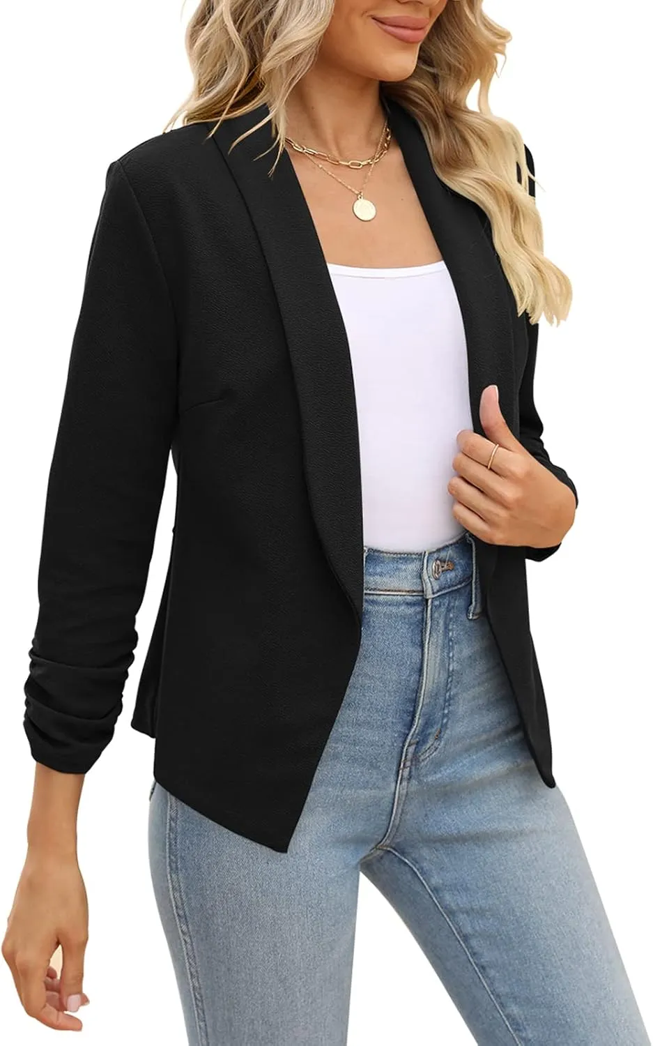 POGTMM Women 3/4 Sleeve Blazer Open Front Cardigan Jacket Work Office Blazer