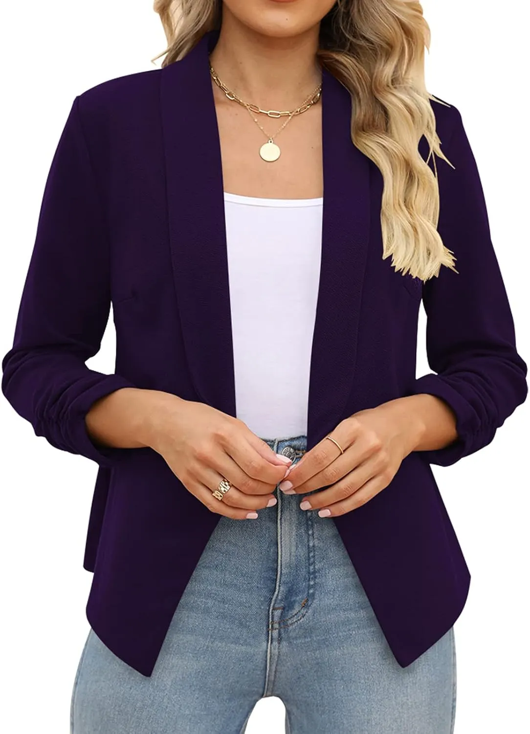 POGTMM Women 3/4 Sleeve Blazer Open Front Cardigan Jacket Work Office Blazer