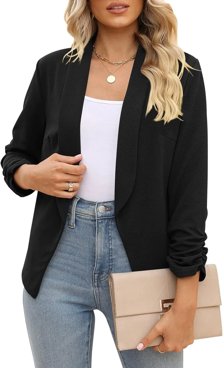 POGTMM Women 3/4 Sleeve Blazer Open Front Cardigan Jacket Work Office Blazer