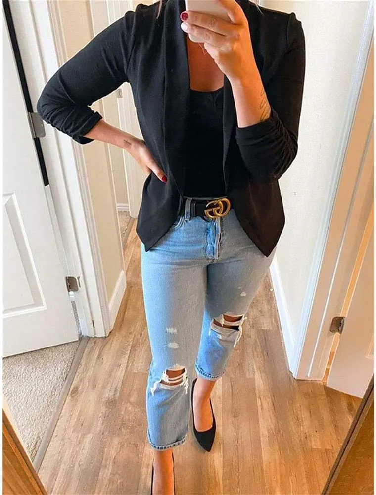 POGTMM Women 3/4 Sleeve Blazer Open Front Cardigan Jacket Work Office Blazer
