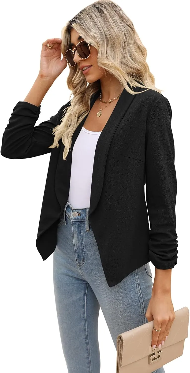 POGTMM Women 3/4 Sleeve Blazer Open Front Cardigan Jacket Work Office Blazer