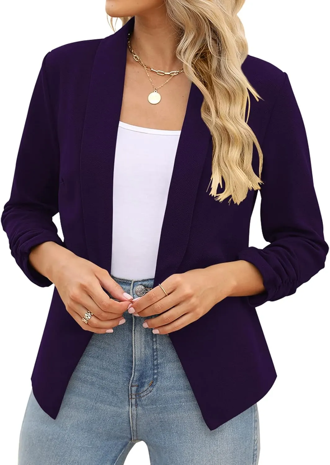POGTMM Women 3/4 Sleeve Blazer Open Front Cardigan Jacket Work Office Blazer