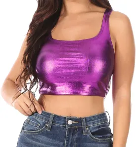 Sakkas Women's Stretchy Sleeveless Liquid Metallic Club Crop Tank Top Made in USA