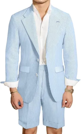 Seersucker Suit Mens 2 Piece Striped Jacket Blazer Shorts Suits Summer Set Grooms SearSucker Suit for Wedding Prom