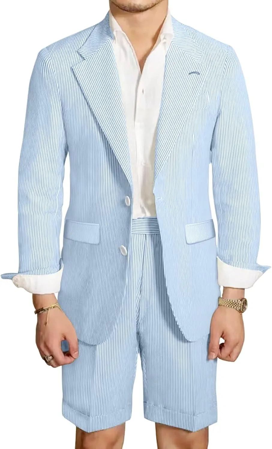 Seersucker Suit Mens 2 Piece Striped Jacket Blazer Shorts Suits Summer Set Grooms SearSucker Suit for Wedding Prom