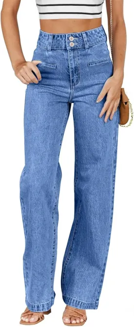 Sidefeel Women's Wide Leg Jeans High Waisted Stretchy Straight Leg Jeans Tummy Control Loose Trendy Ankle Jeans Sky Blue Size 6