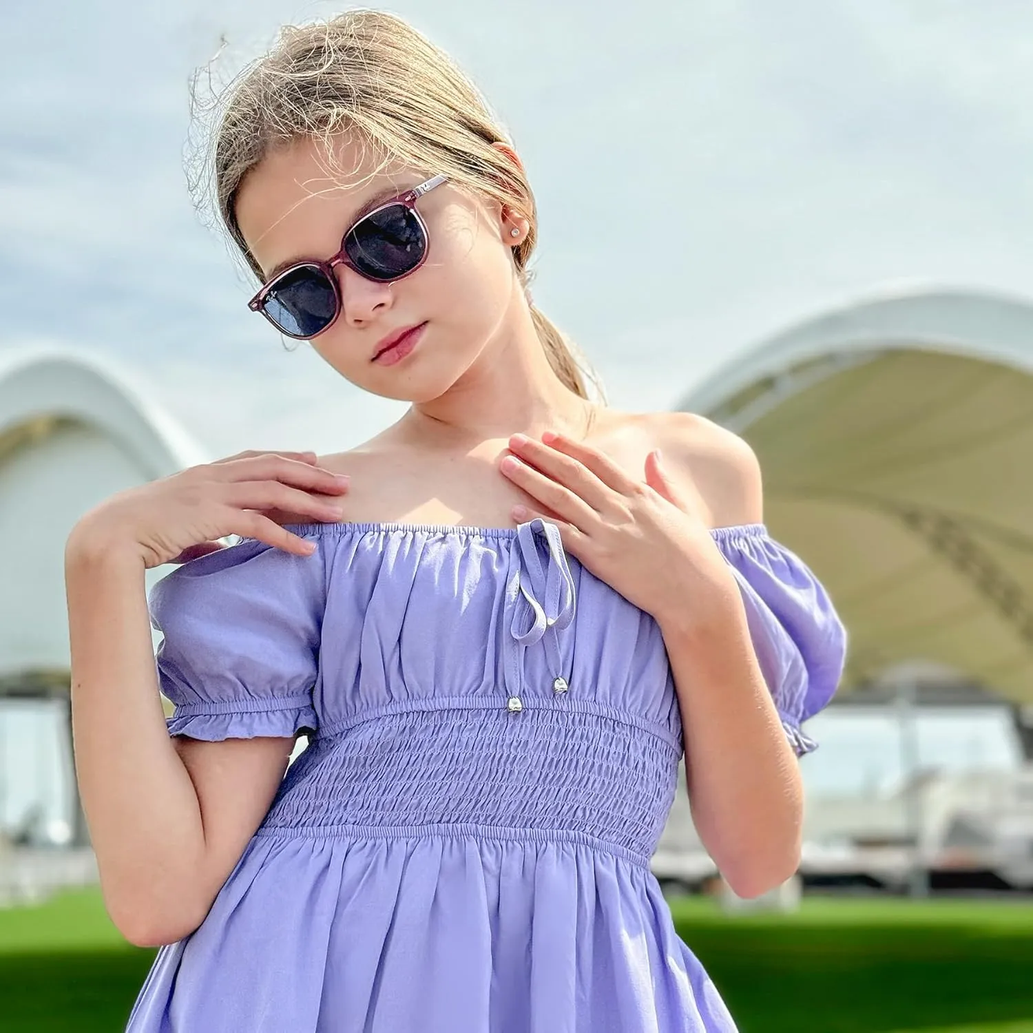 Simplee kids Off The Shoulder Summer Dress Girls Smocked Ruffle Puff Sleeves Teen Skirt