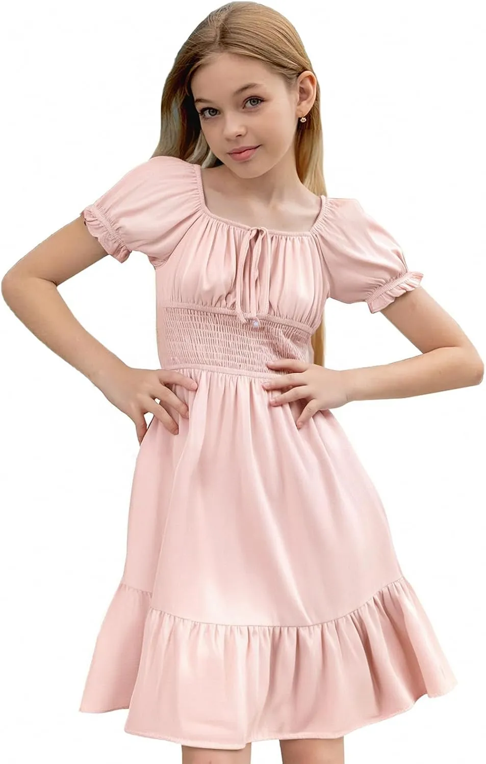 Simplee kids Off The Shoulder Summer Dress Girls Smocked Ruffle Puff Sleeves Teen Skirt