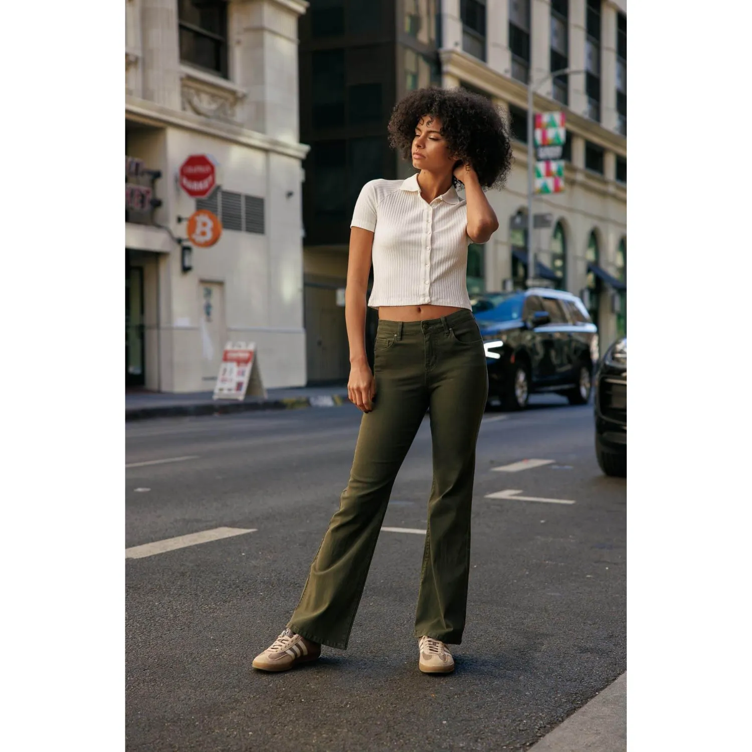 Soft Stretchy High Rise Everyday Flare Jeans - Olive
