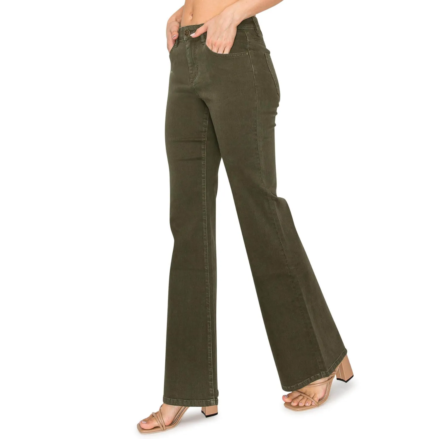 Soft Stretchy High Rise Everyday Flare Jeans - Olive