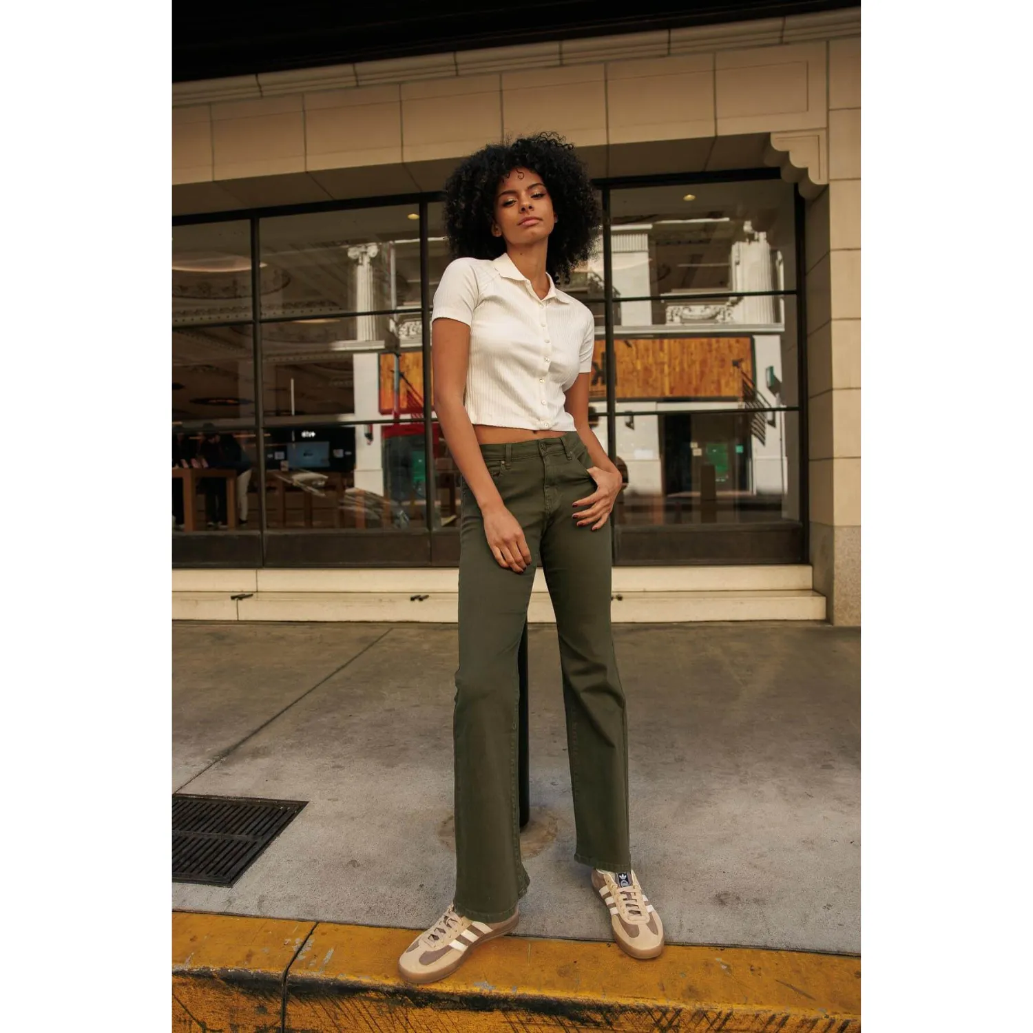Soft Stretchy High Rise Everyday Flare Jeans - Olive