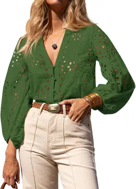 Tankaneo Womens Deep V Neck Eyelet Blouses Tops Dressy Casual 3/4 Balloon Sleeve Cotton Button Down Shirts