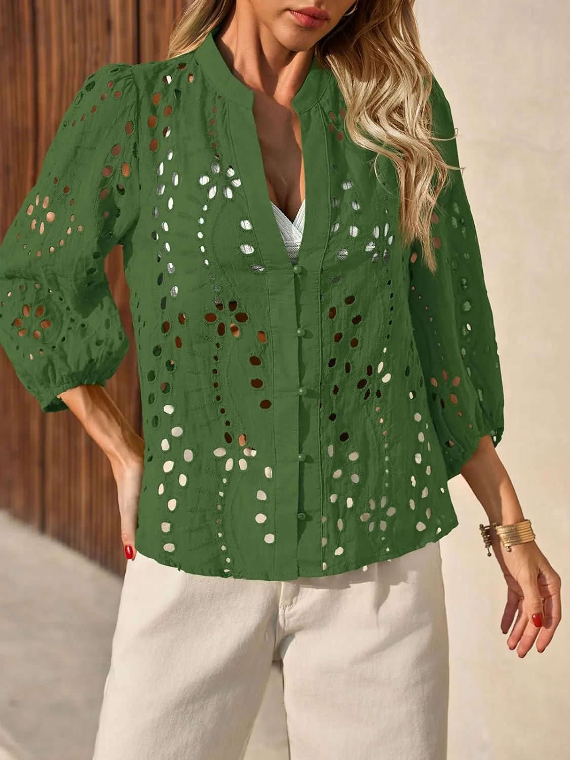 Tankaneo Womens Deep V Neck Eyelet Blouses Tops Dressy Casual 3/4 Balloon Sleeve Cotton Button Down Shirts
