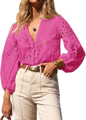 Tankaneo Womens Deep V Neck Eyelet Blouses Tops Dressy Casual 3/4 Balloon Sleeve Cotton Button Down Shirts