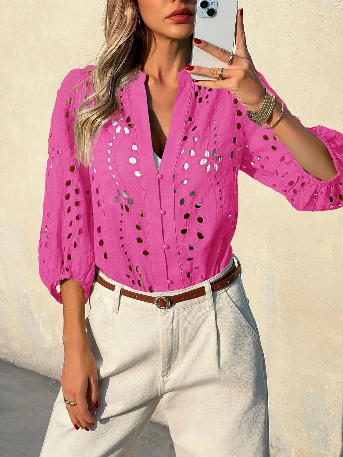 Tankaneo Womens Deep V Neck Eyelet Blouses Tops Dressy Casual 3/4 Balloon Sleeve Cotton Button Down Shirts