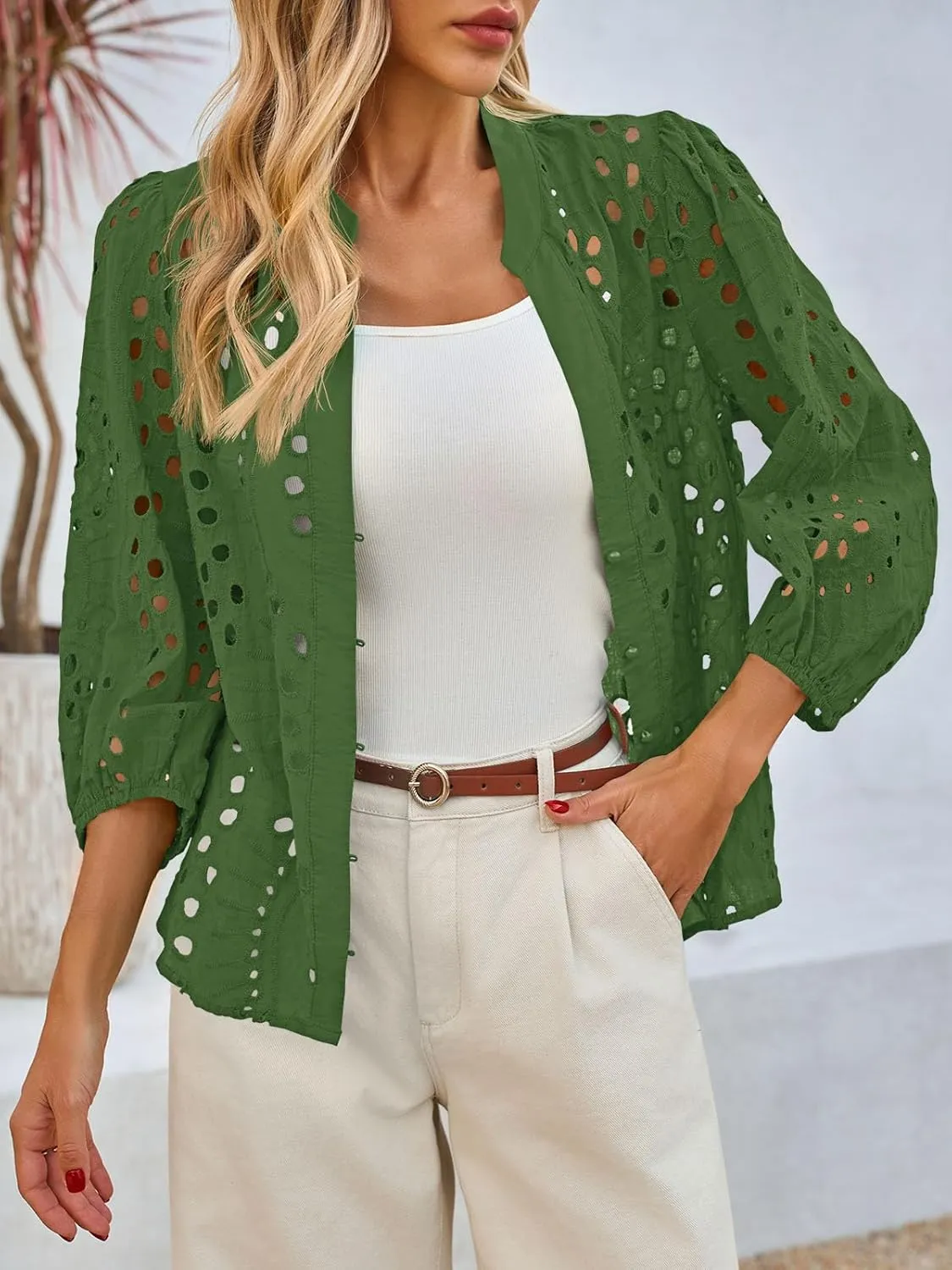 Tankaneo Womens Deep V Neck Eyelet Blouses Tops Dressy Casual 3/4 Balloon Sleeve Cotton Button Down Shirts