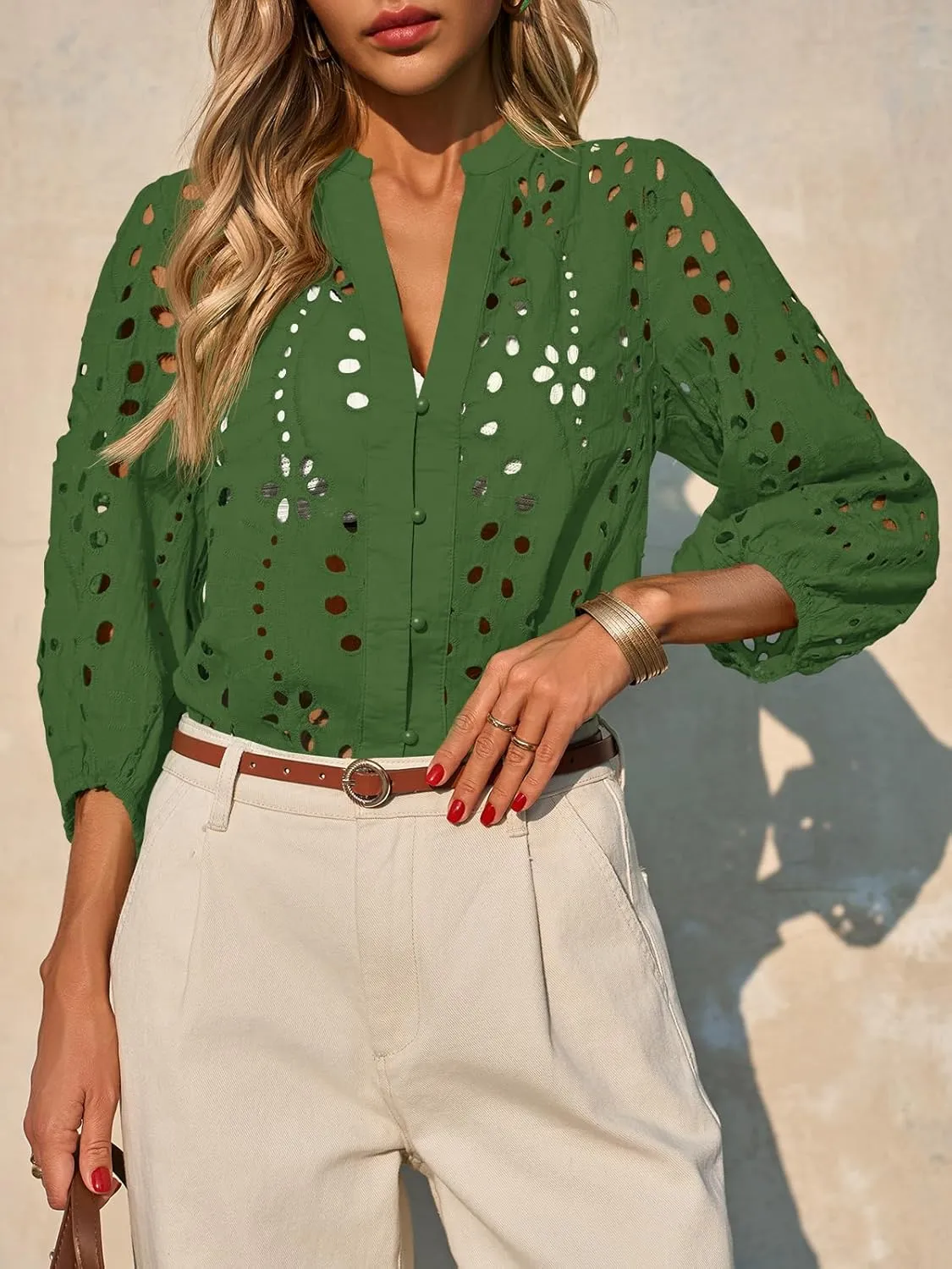 Tankaneo Womens Deep V Neck Eyelet Blouses Tops Dressy Casual 3/4 Balloon Sleeve Cotton Button Down Shirts