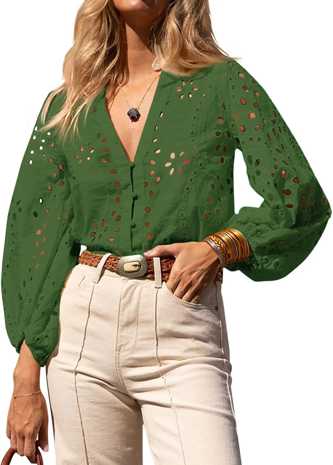 Tankaneo Womens Deep V Neck Eyelet Blouses Tops Dressy Casual 3/4 Balloon Sleeve Cotton Button Down Shirts