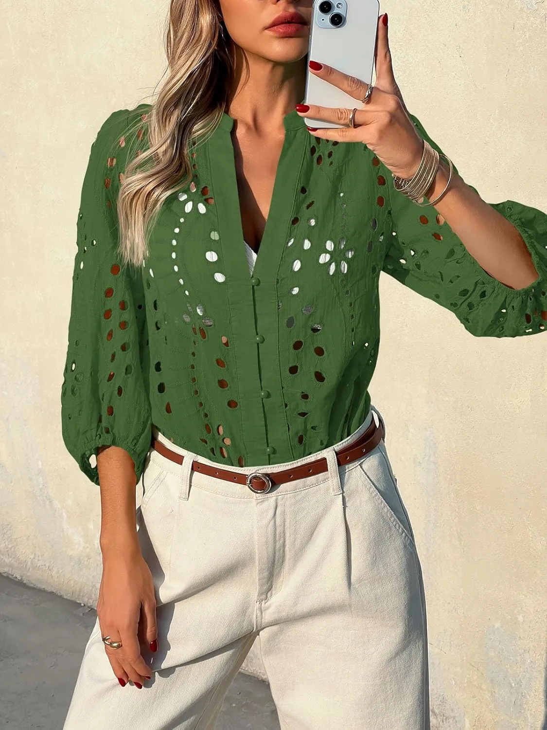 Tankaneo Womens Deep V Neck Eyelet Blouses Tops Dressy Casual 3/4 Balloon Sleeve Cotton Button Down Shirts