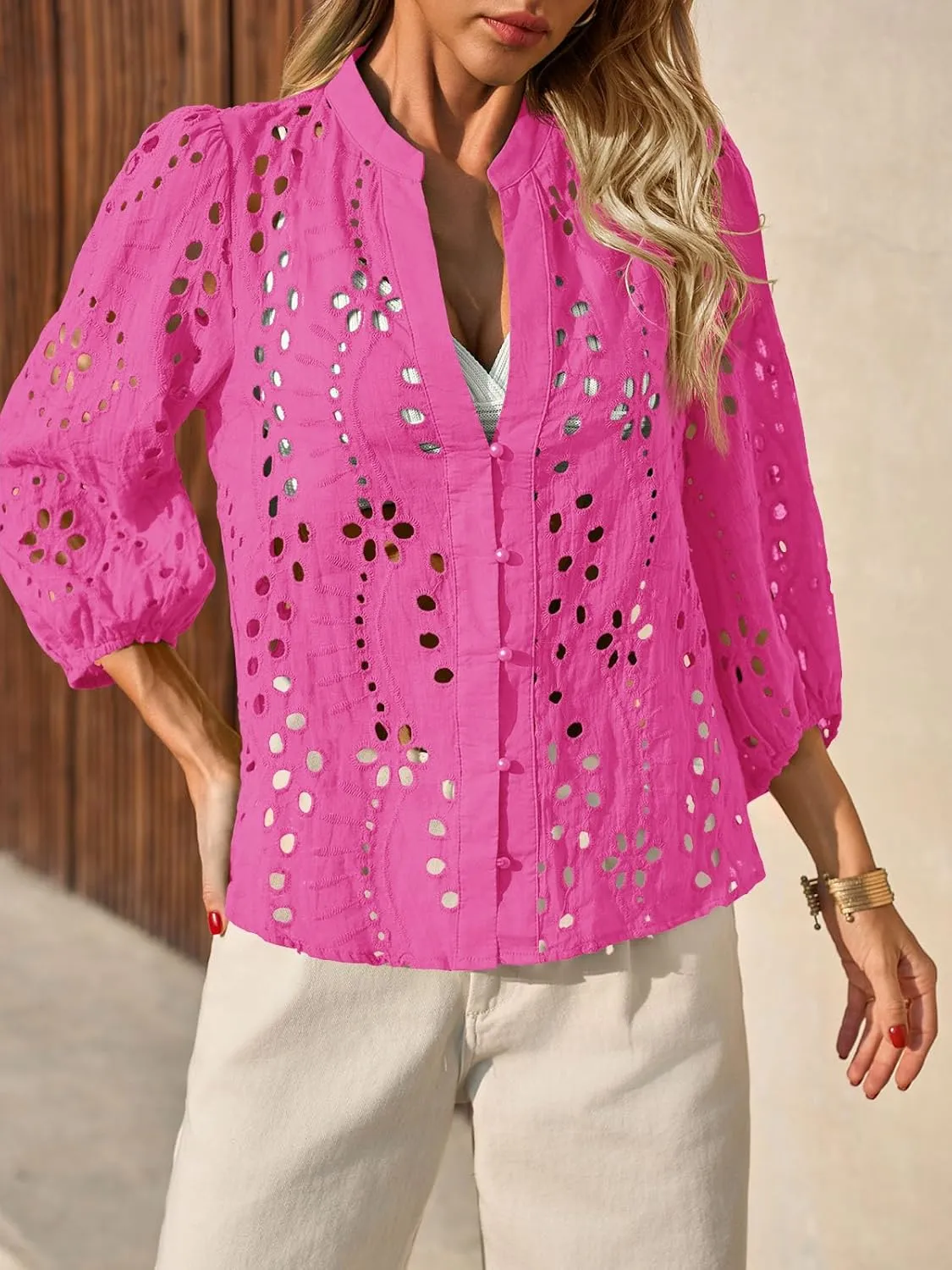 Tankaneo Womens Deep V Neck Eyelet Blouses Tops Dressy Casual 3/4 Balloon Sleeve Cotton Button Down Shirts