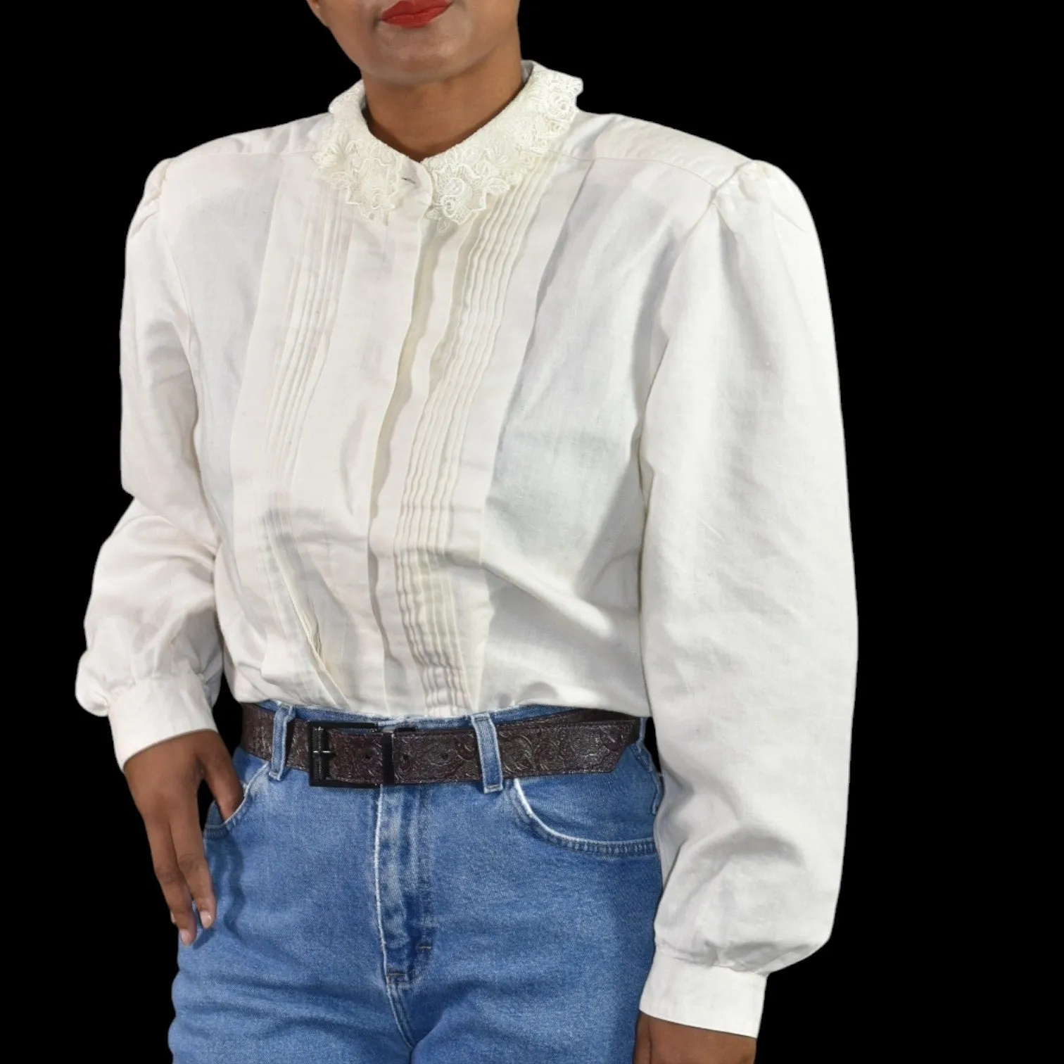 Vintage Peter Pan Collar Blouse Cream White Laura and Jayne Shirt Prairie Shoulder Pads Gigot Sleeves Size Large