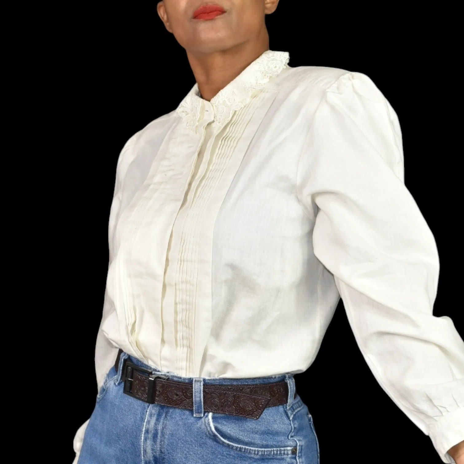 Vintage Peter Pan Collar Blouse Cream White Laura and Jayne Shirt Prairie Shoulder Pads Gigot Sleeves Size Large