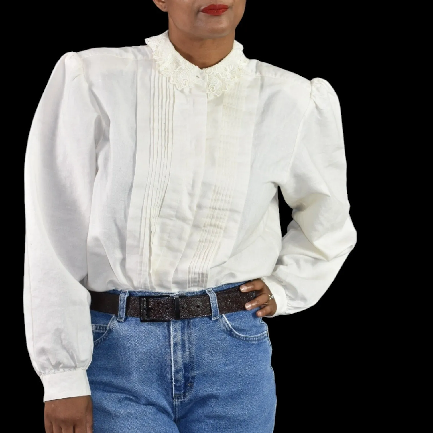 Vintage Peter Pan Collar Blouse Cream White Laura and Jayne Shirt Prairie Shoulder Pads Gigot Sleeves Size Large