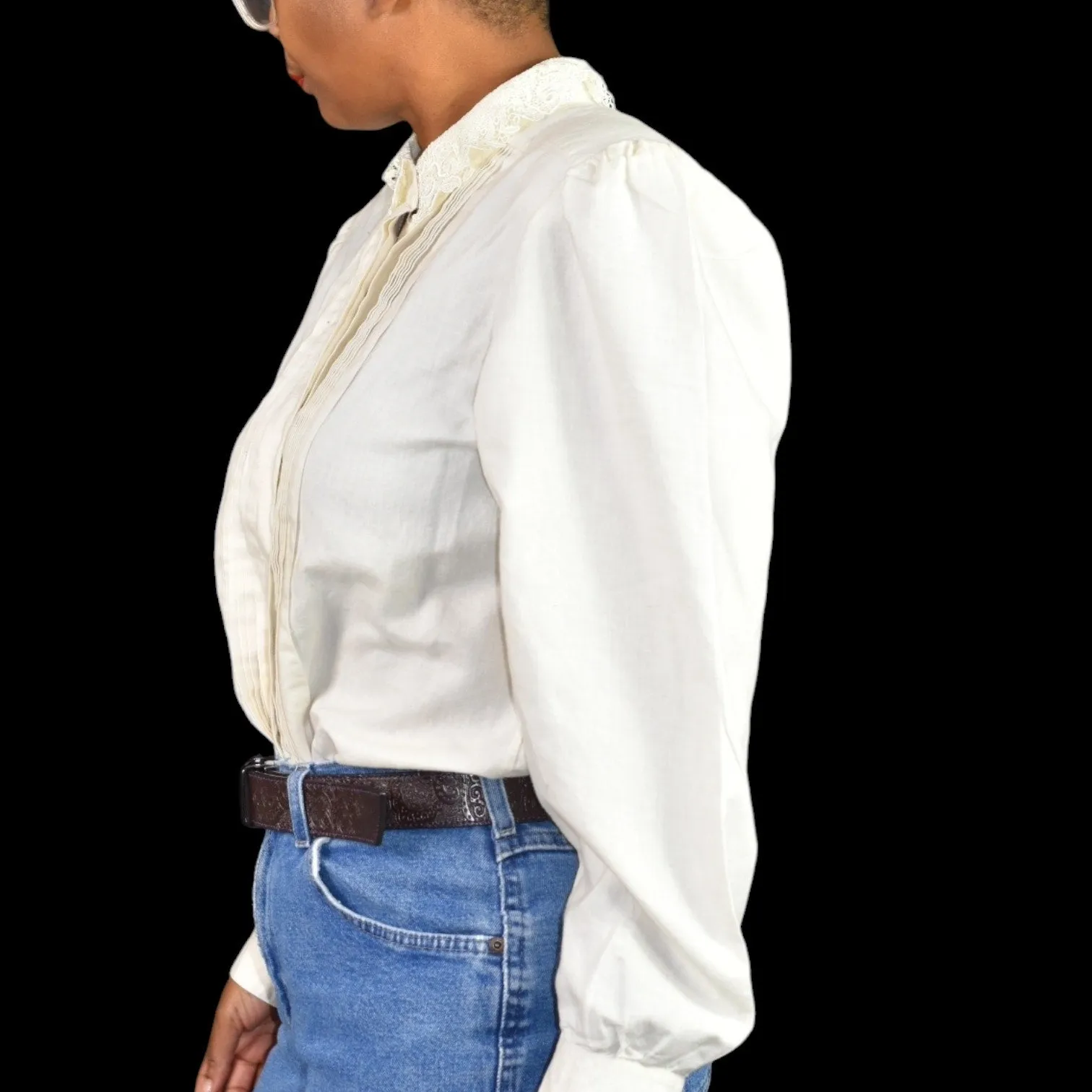 Vintage Peter Pan Collar Blouse Cream White Laura and Jayne Shirt Prairie Shoulder Pads Gigot Sleeves Size Large