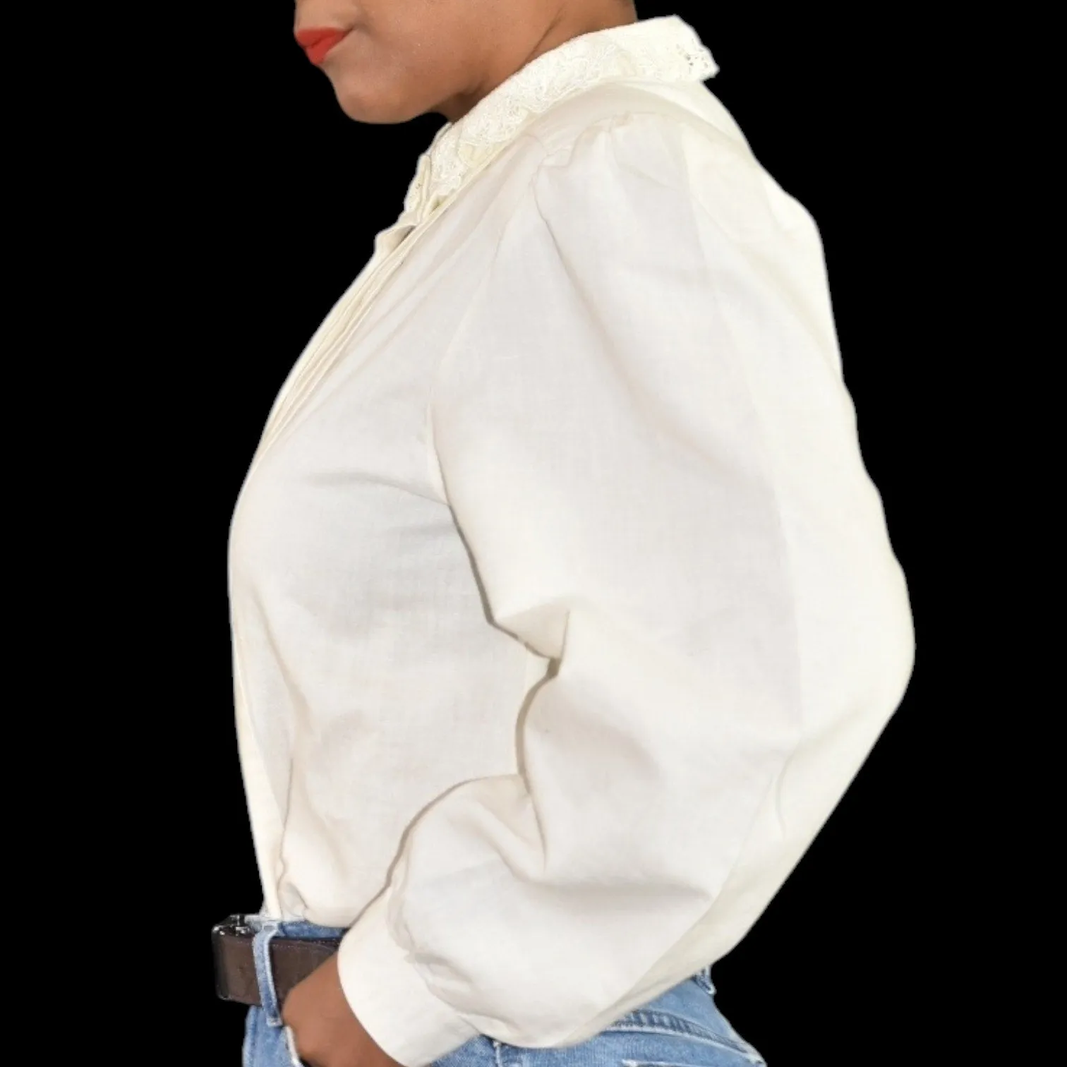 Vintage Peter Pan Collar Blouse Cream White Laura and Jayne Shirt Prairie Shoulder Pads Gigot Sleeves Size Large