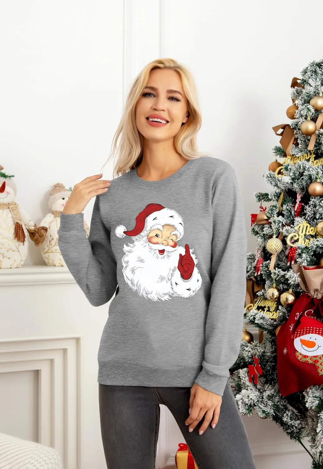 VVNTY Christmas Sweatshirts for Women Retro Santa Claus Graphic Long Sleeve Shirt Xmas Pullover Tops