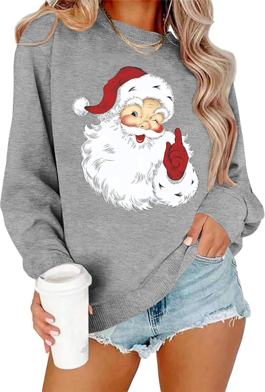 VVNTY Christmas Sweatshirts for Women Retro Santa Claus Graphic Long Sleeve Shirt Xmas Pullover Tops