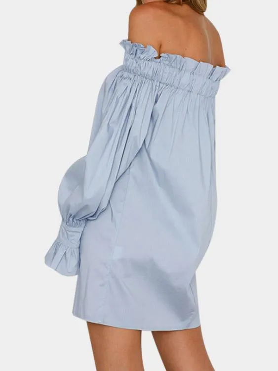Wholesale Blue Off The Shoulder Long Sleeve Pleated Dress