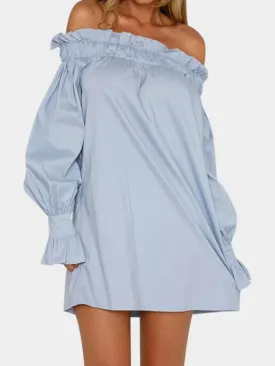 Wholesale Blue Off The Shoulder Long Sleeve Pleated Dress