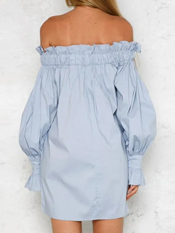 Wholesale Blue Off The Shoulder Long Sleeve Pleated Dress