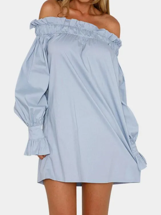 Wholesale Blue Off The Shoulder Long Sleeve Pleated Dress