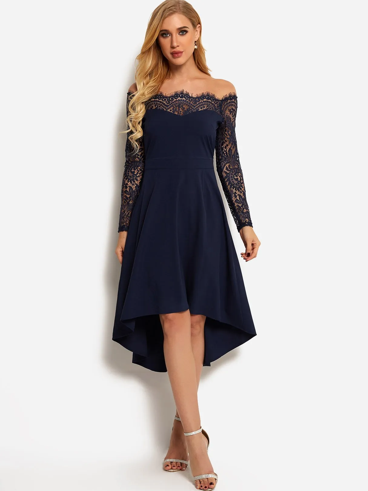Wholesale Navy Off The Shoulder Long Sleeve Lace Irregular Hem Dresses