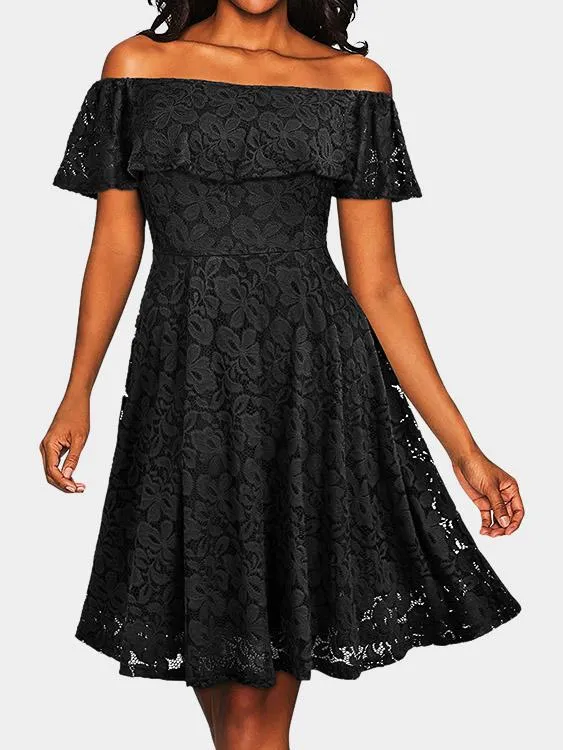 Wholesale Off The Shoulder Lace Zip Back Short Sleeve Ruffle Hem Black Dress