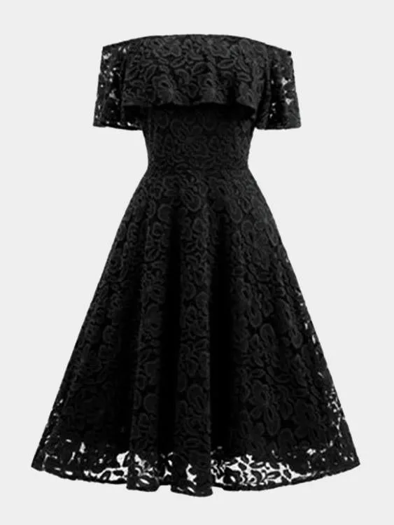 Wholesale Off The Shoulder Lace Zip Back Short Sleeve Ruffle Hem Black Dress