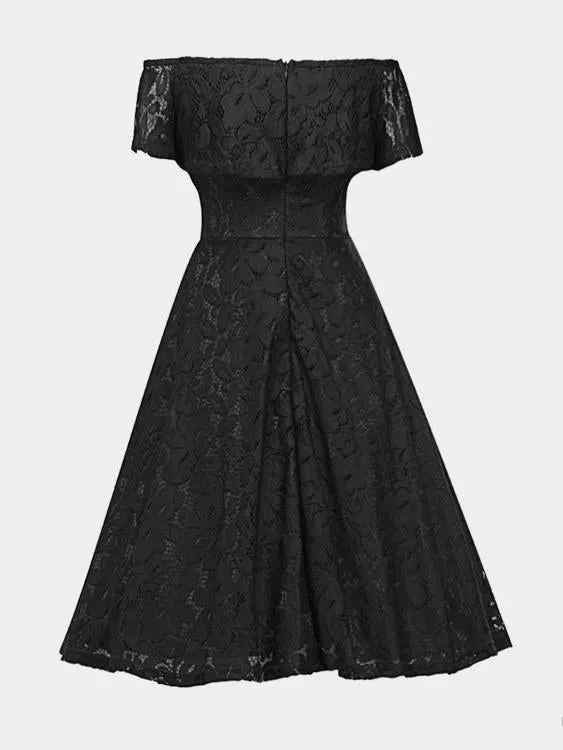 Wholesale Off The Shoulder Lace Zip Back Short Sleeve Ruffle Hem Black Dress