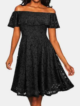 Wholesale Off The Shoulder Lace Zip Back Short Sleeve Ruffle Hem Black Dress