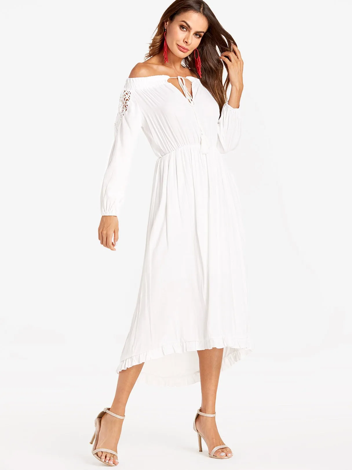 Wholesale Off The Shoulder Long Sleeve Lace Hollow Flounced Hem Dress