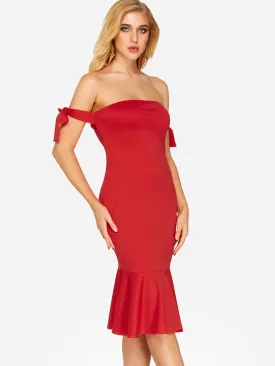 Wholesale Red Off The Shoulder Sleeveless Zip Back Self-Tie Flounced Hem Dresses