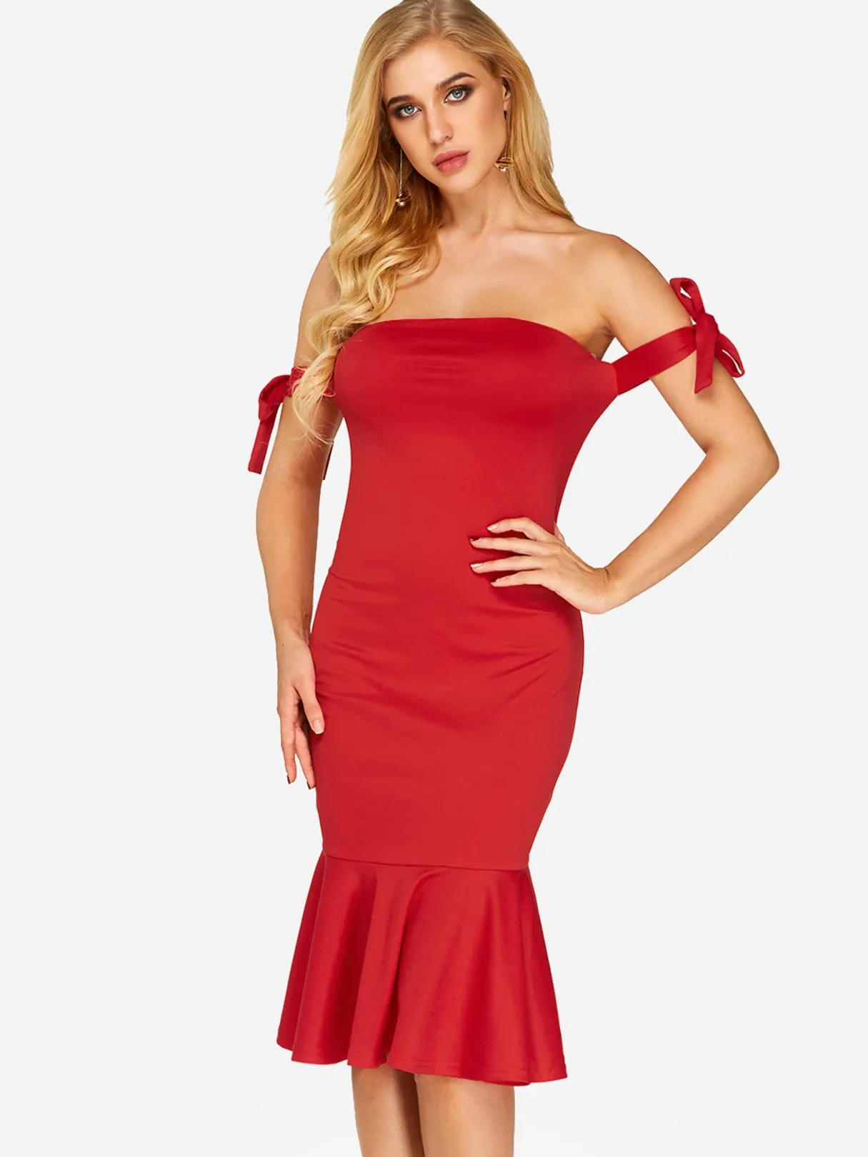 Wholesale Red Off The Shoulder Sleeveless Zip Back Self-Tie Flounced Hem Dresses