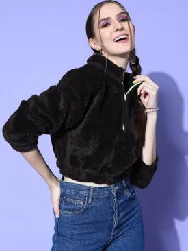 Women Black Fur Front Zipper Crop Sweatshirt