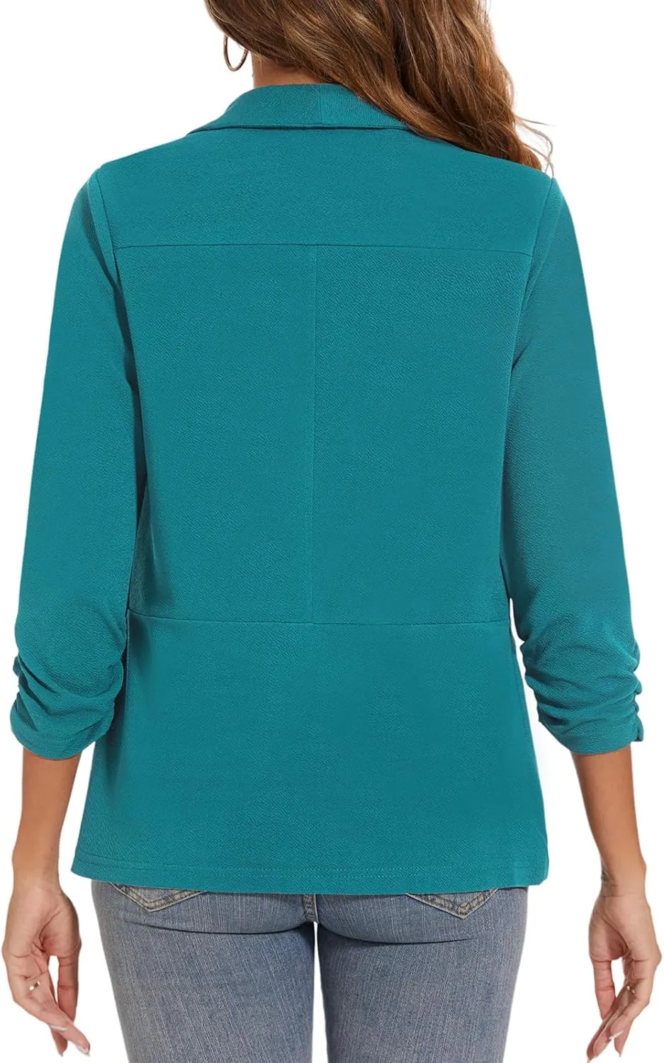 Women Casual Shawl Lapel Collar Blazer Ruched 3/4 Sleeve Open Front Business Office Suit Jacket Pocket