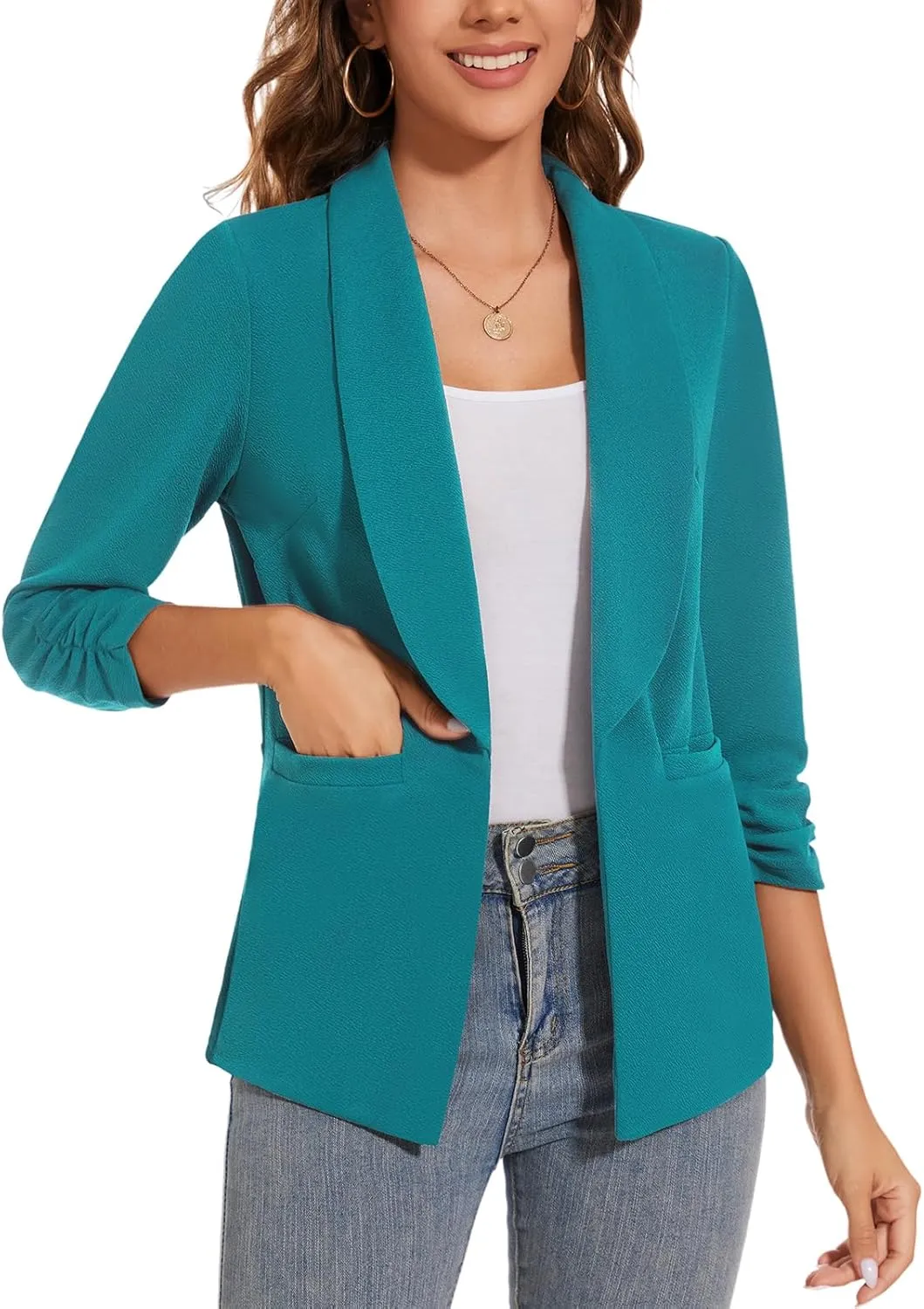 Women Casual Shawl Lapel Collar Blazer Ruched 3/4 Sleeve Open Front Business Office Suit Jacket Pocket